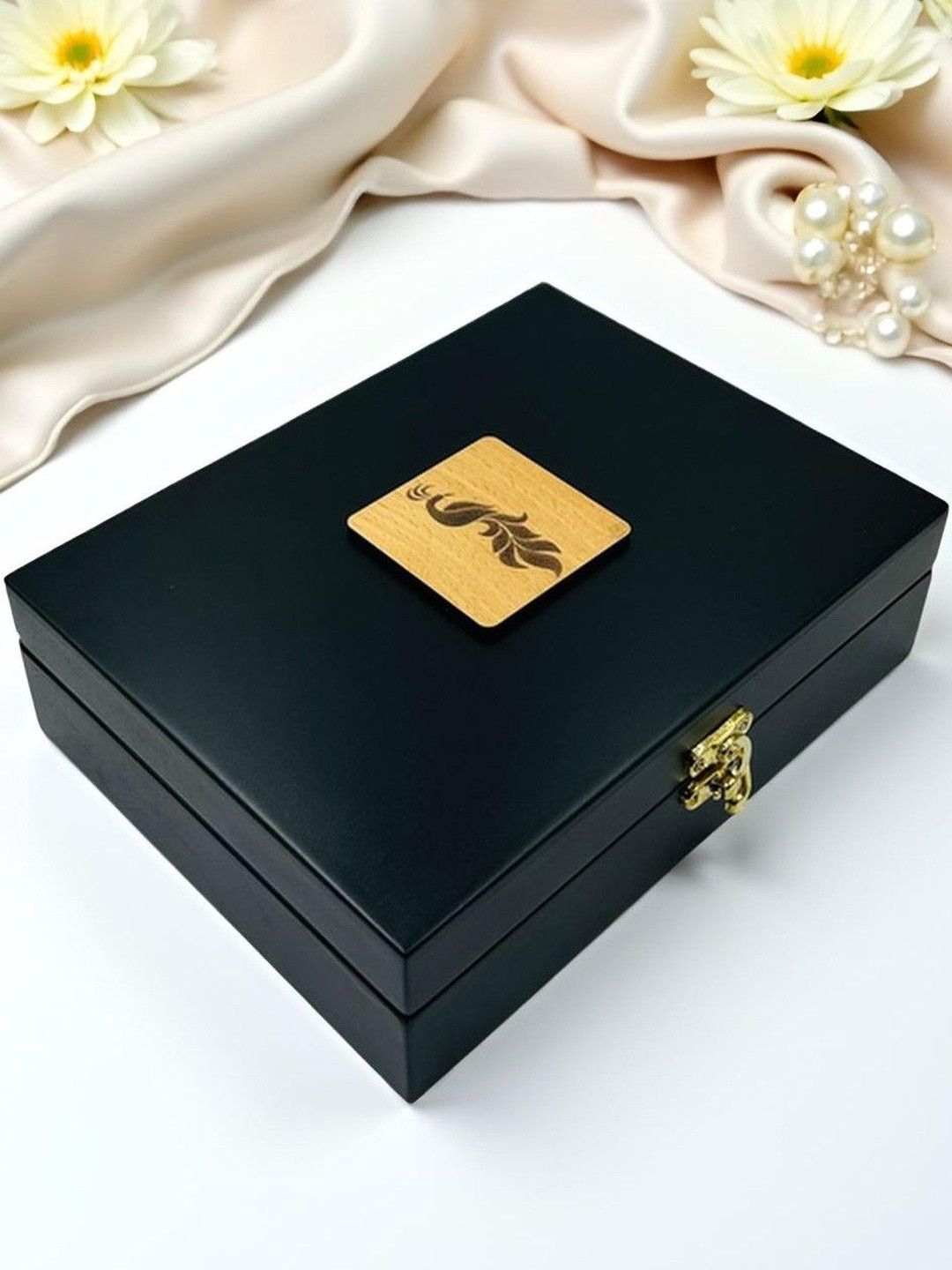 Angira handicrafts Black & Gold Wooden Storage Box with Velvet Interior