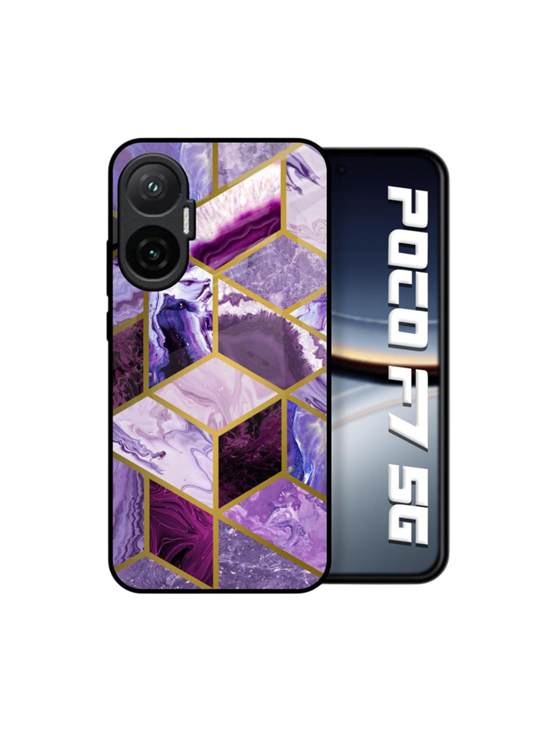 QRIOH Rhombus Marble Printed Poco F7 5G Glass Back Case Mobile Accessories