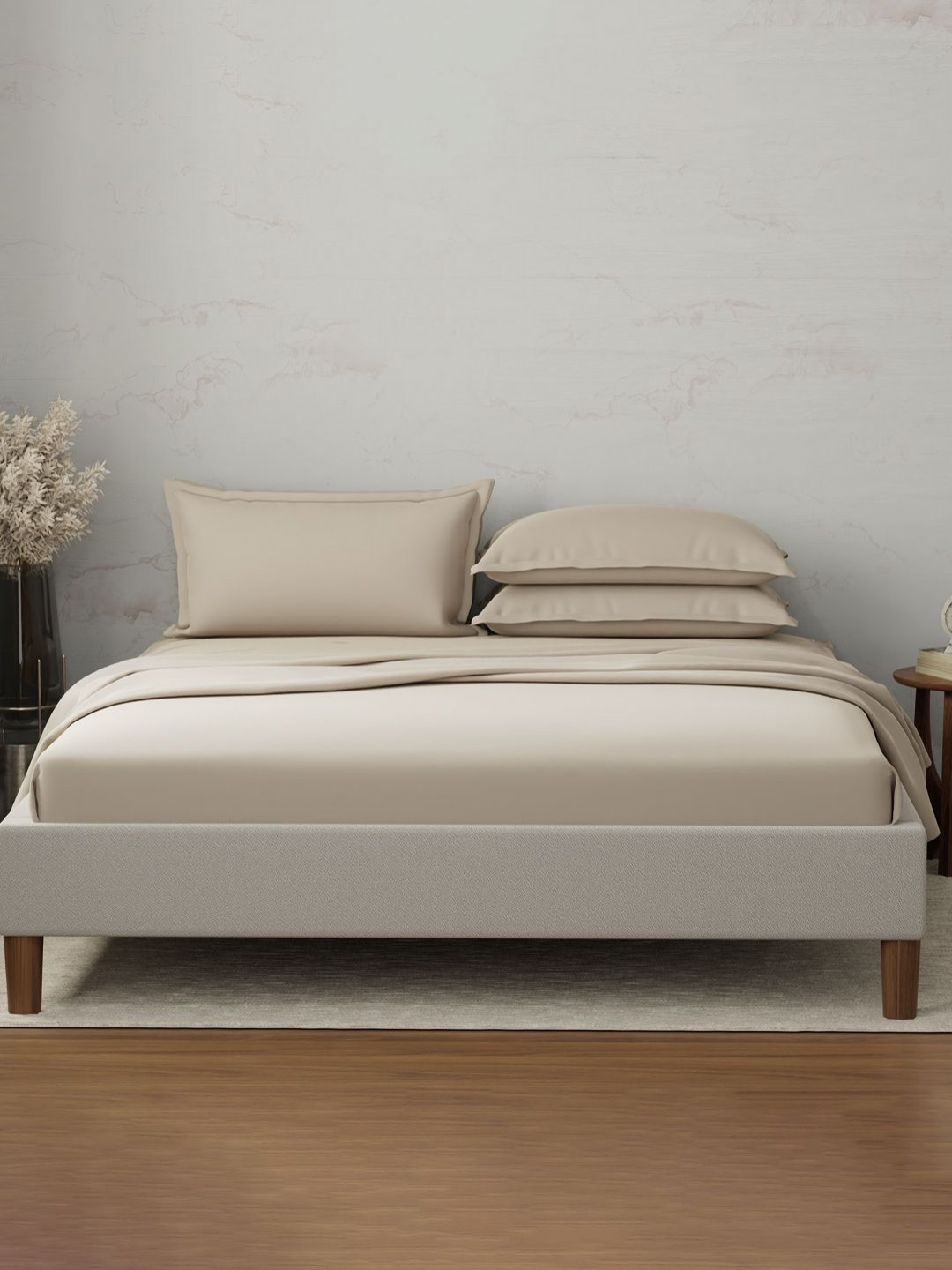 Boutique Living India Emblem Beige Pure Cotton 300 TC King Bedsheet Set - 2.74 m x 2.74 m