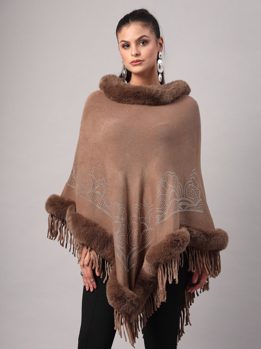 Mafadeny Embellished Faux Fur Trim Round Neck Collar Poncho with Fringes