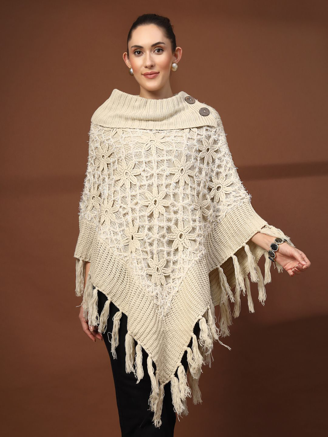 Mafadeny Crochet Button Detail Cowl Neck Poncho with Fringe