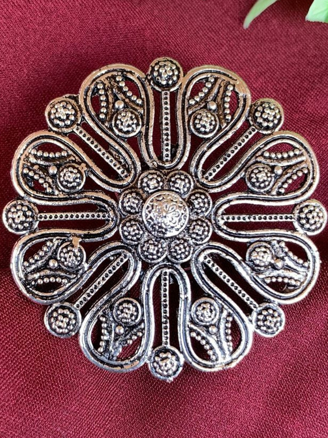 KALAVAATHI Women Brass Silver-Plated Oxidised Adjustable Finger Ring