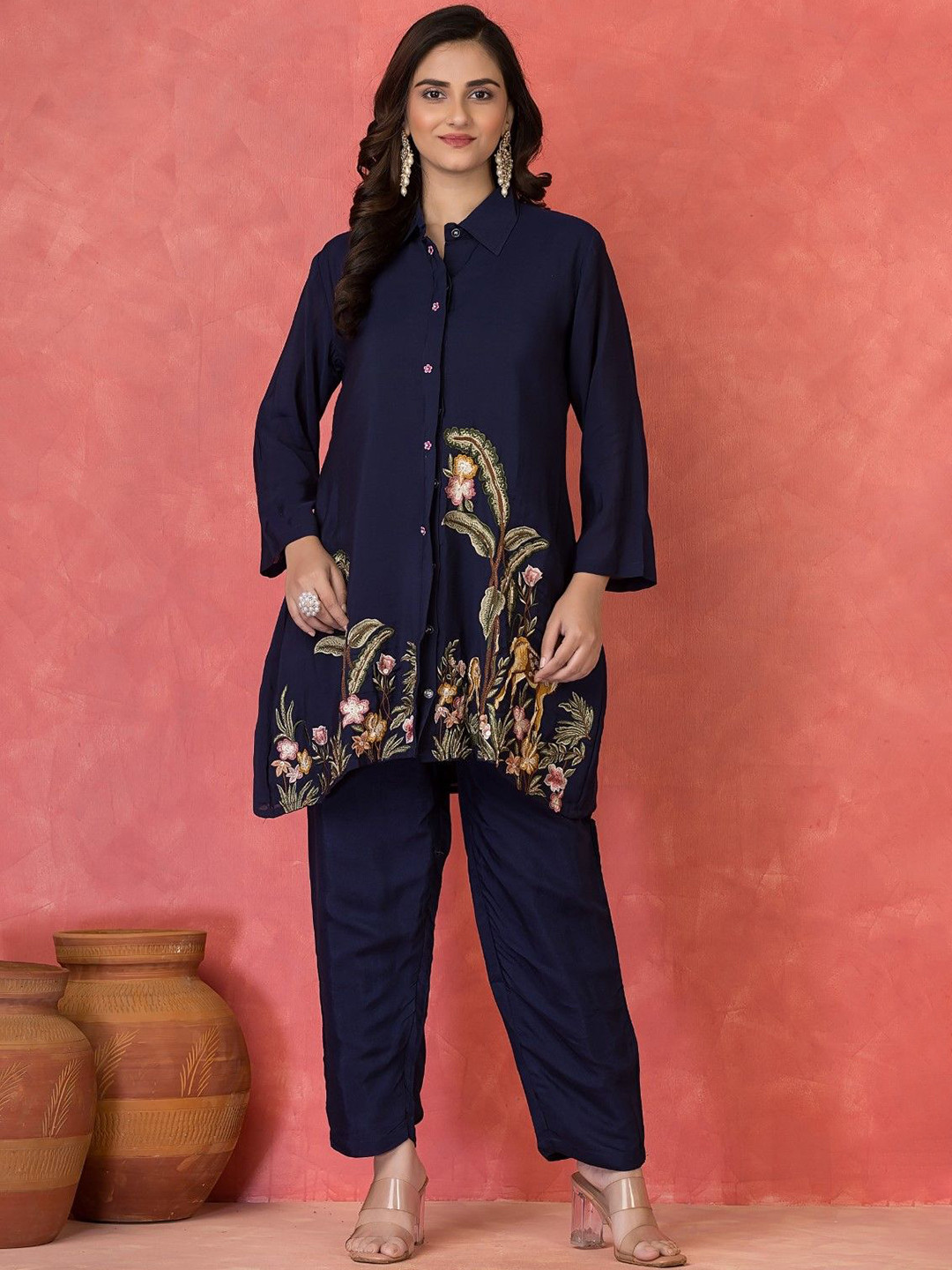 AUTUMN LANE Sabhya Prussian Full Embroidery Cotton Tunic With Trouser Co-Ords