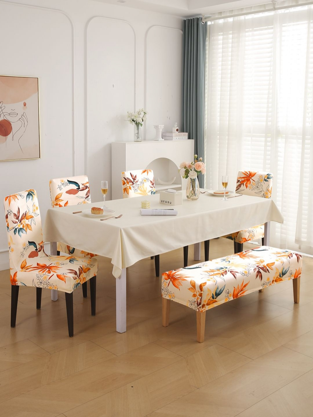 HOKIPO Peach-Colored & Yellow 5 Pieces Printed Velvet Chair Covers & Bench Cover