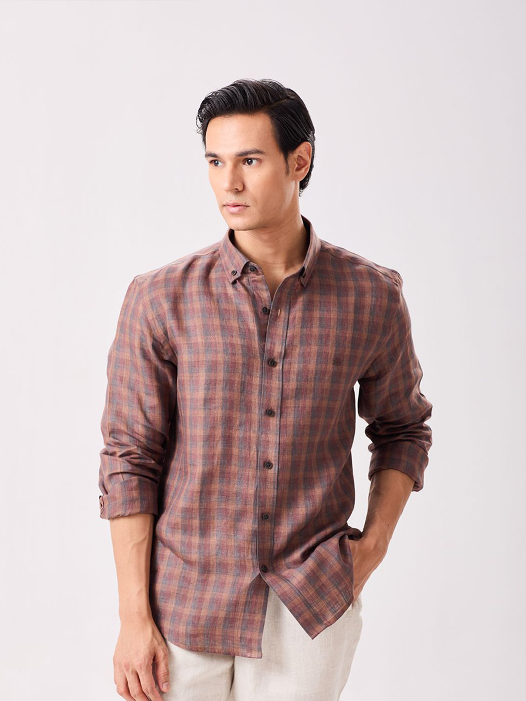 MH&Y Checked Long Sleeves Pure Linen Shirt