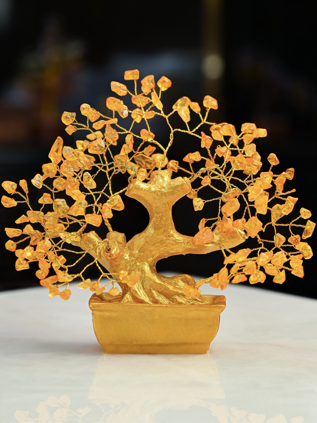 HINDCRAFT Gold-Toned Feng Shui Citrine Tree of Life Bonsai Crystal Figurine Showpiece