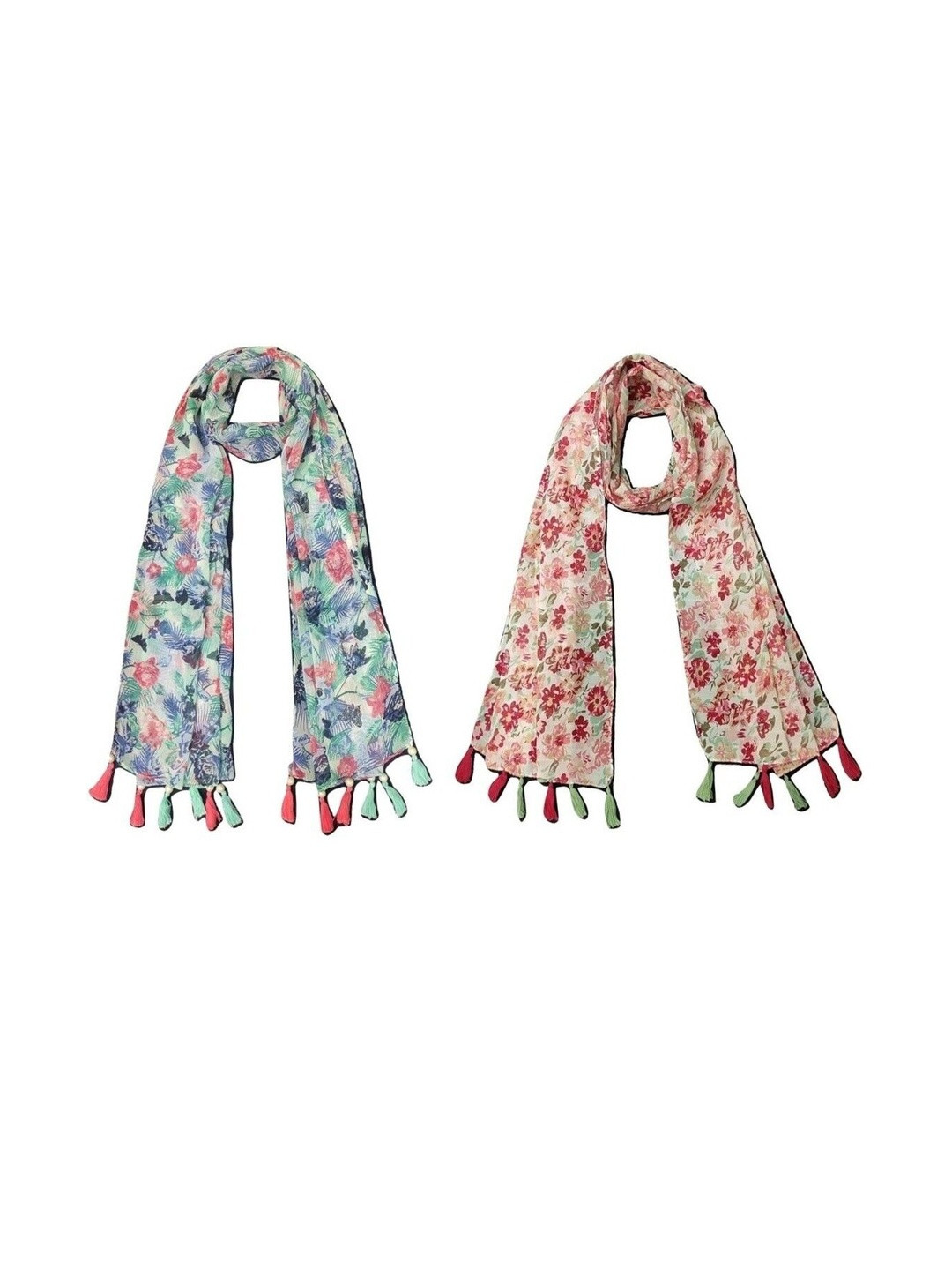 StoleVilla Pack Of 2 Floral Printed Tasseled Border Stoles