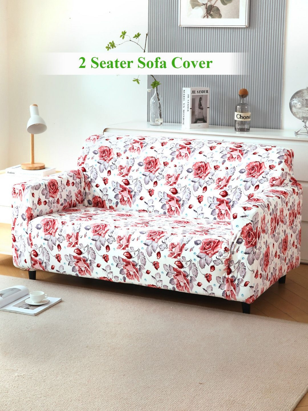HOKIPO Cottage Rose Red & White Printed Velvet 2 Seater Sofa Cover With Arms