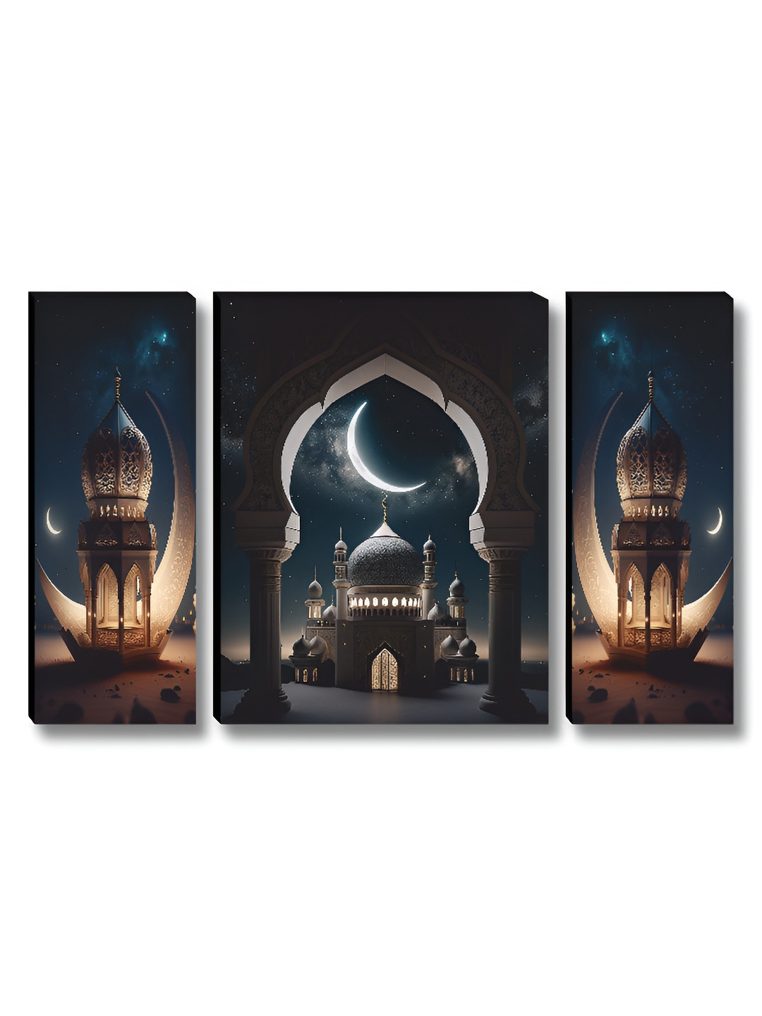 SAF 3 Pieces Black & Blue Islamic Mosque & Crescent Moon Religious Wooden Wall Art