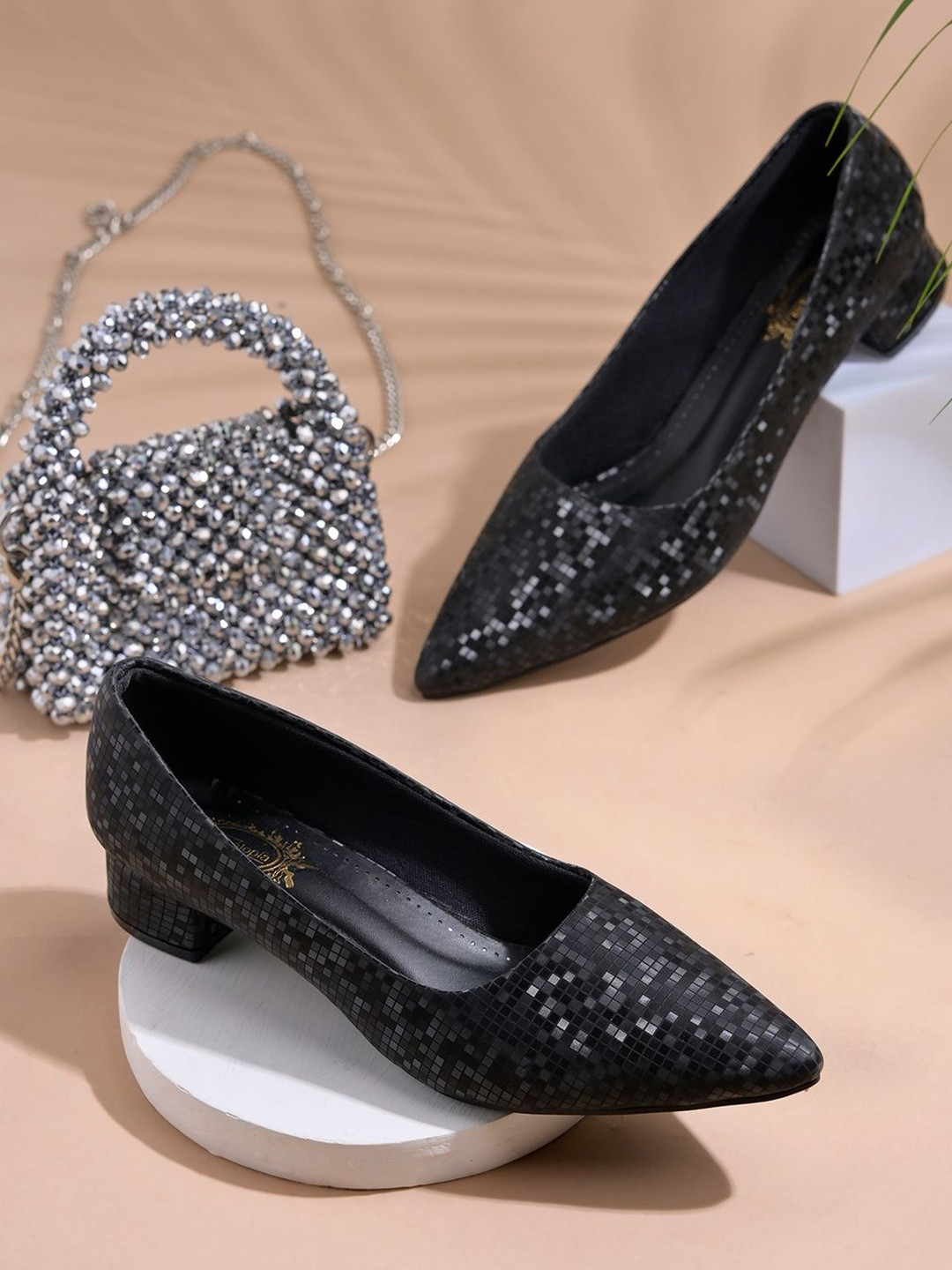 Stylestry Girls Black Pointed Toe Synthetic Textured Slip On Block Heel Pumps