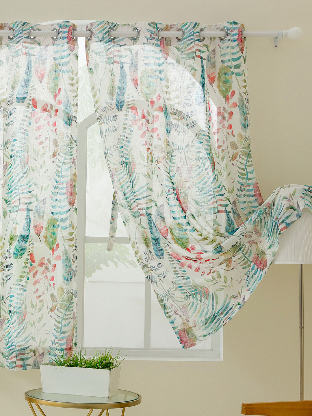 Story@home White & Green Floral Sheer Window Curtain