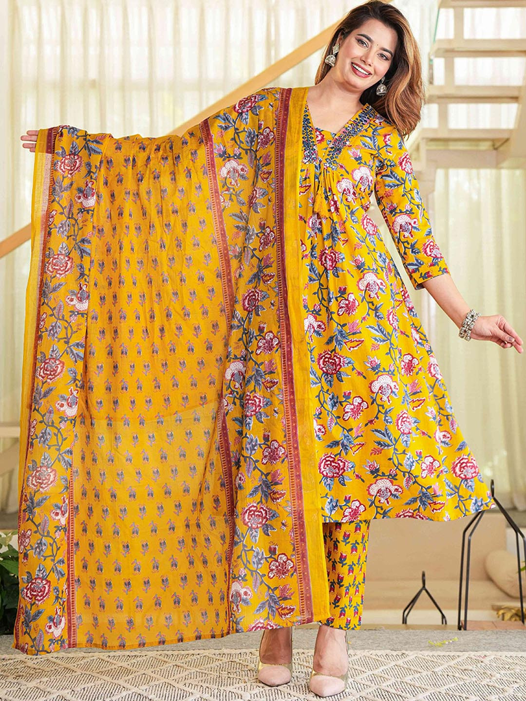 WILL BOTTOM Women Floral Printed Cotton A-Line Kurta with Trousers & Dupatta