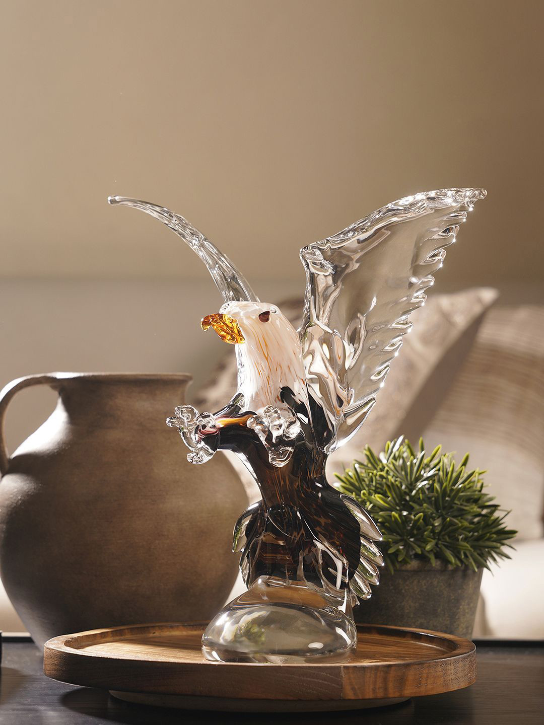 Pure Home and Living White & Transparent Glass Eagle Figurine Showpiece