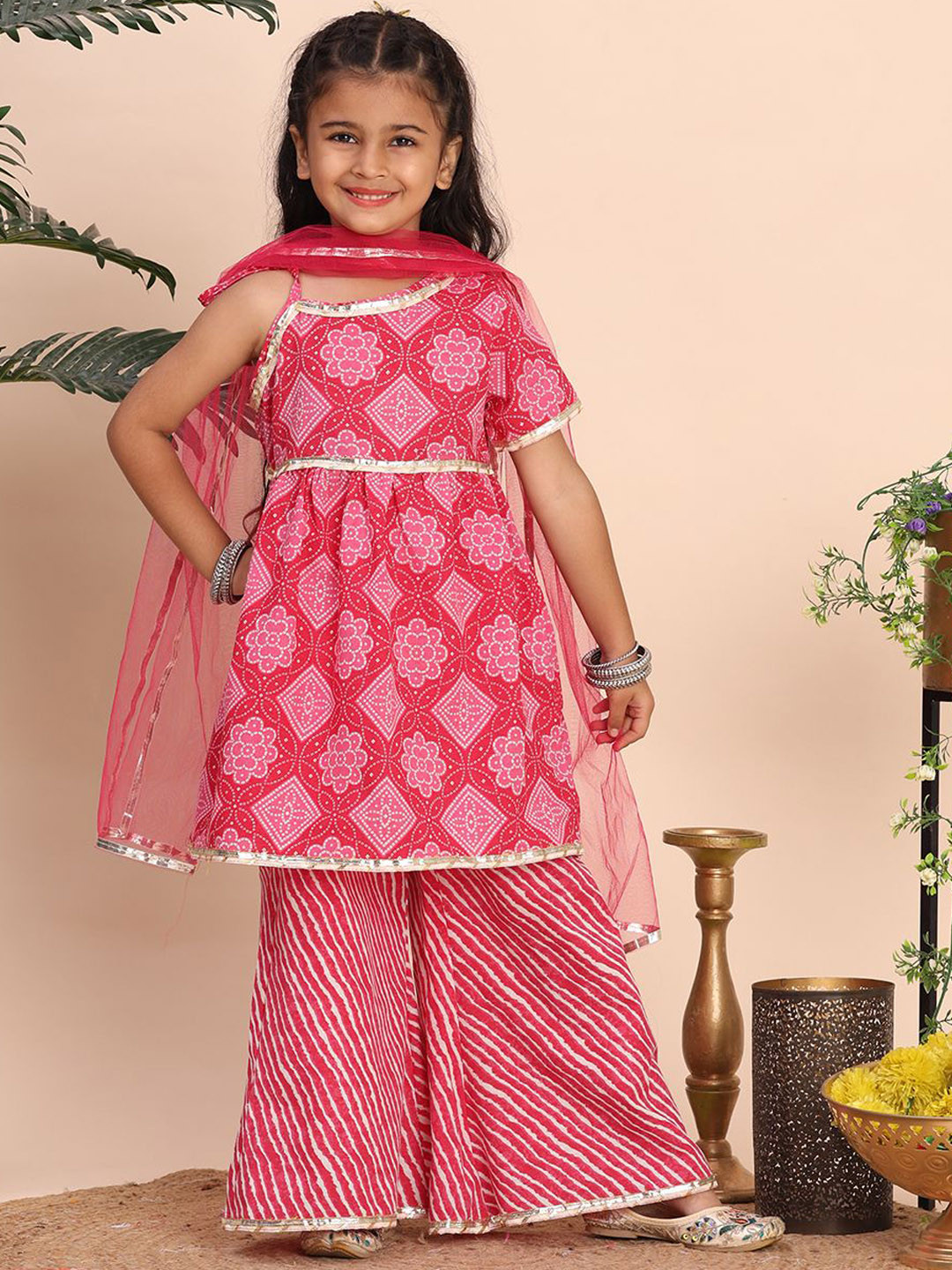 Cutiekins Girls Printed One Shoulder Gotta Patti A-Line Kurta With Palazzos & Dupatta
