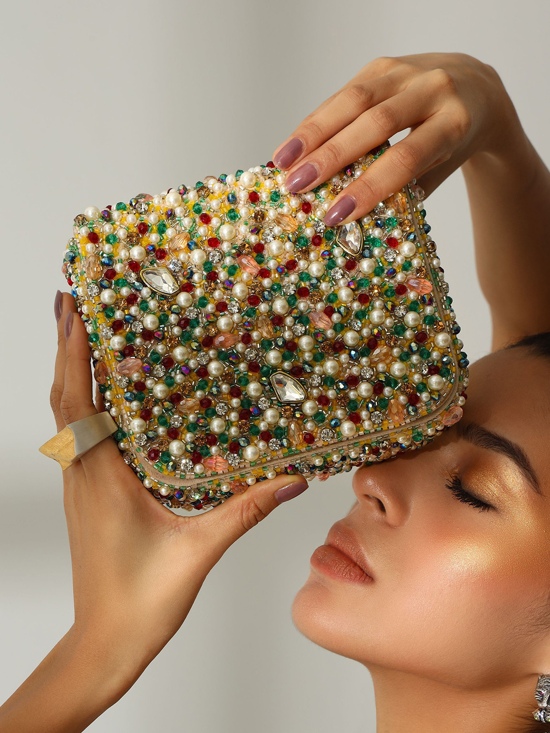 THE TAN CLAN Embellished Tyra Foldover Clutch