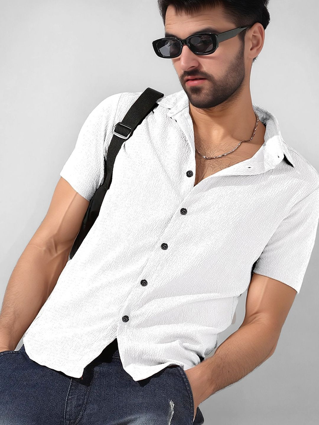 SZN Men White Textured Short Sleeve Casual Shirt