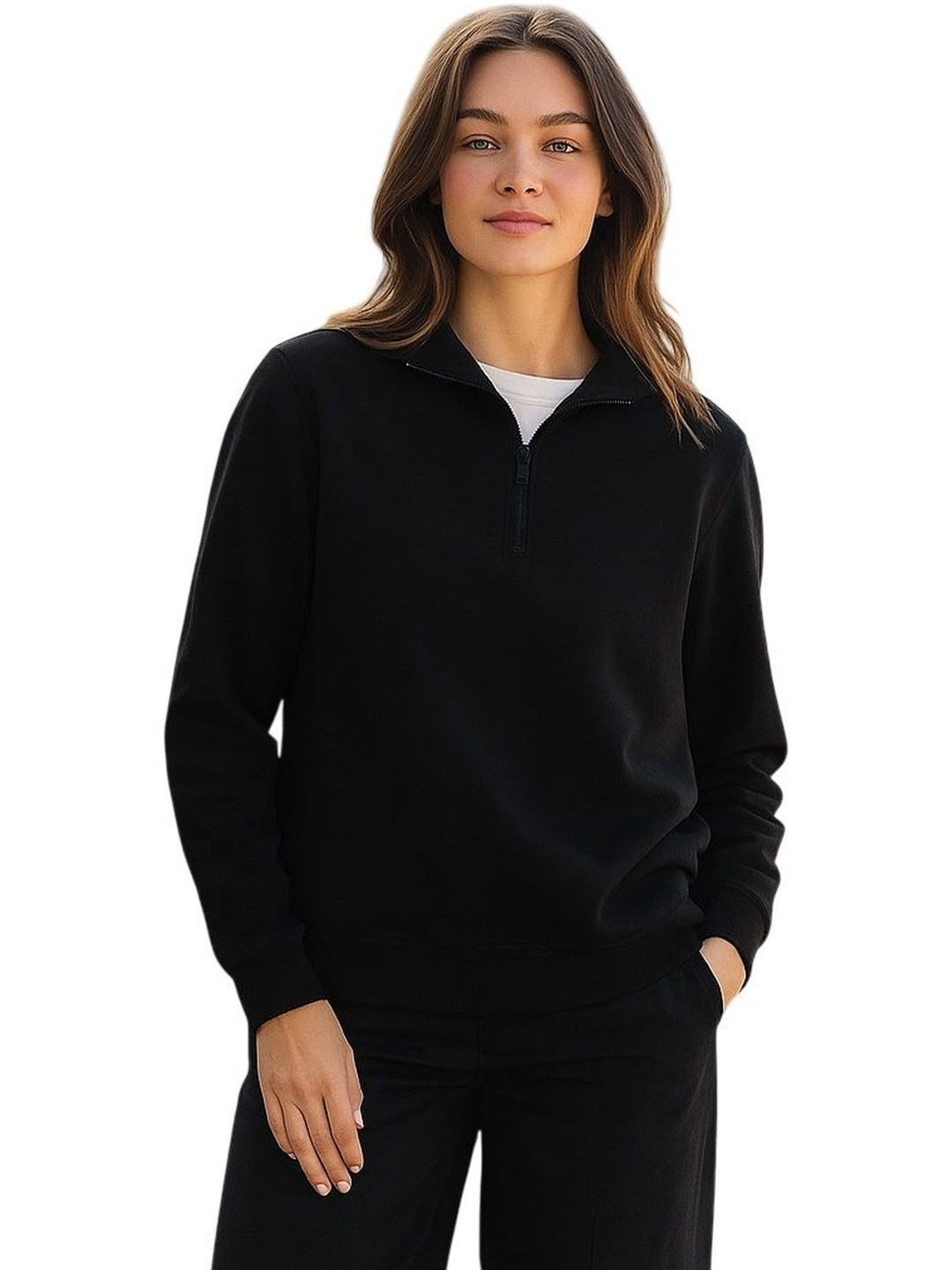 Moda Rapido Women Black Solid Quarter-Zip Casual Sweatshirt