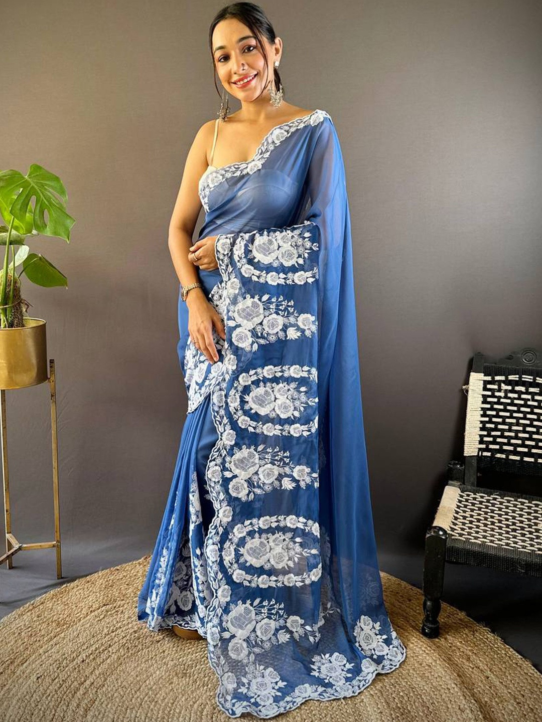 Anouk Blue Embroidered Organza  Sarees