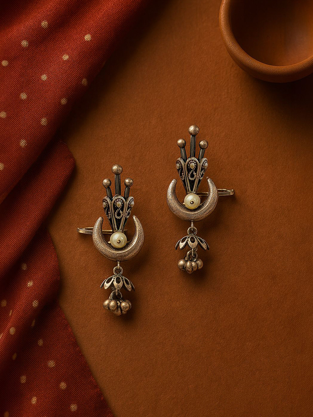 Kalakrith Milano Ghungroo Beaded Crescent Shaped Oxidised Ear Cuff