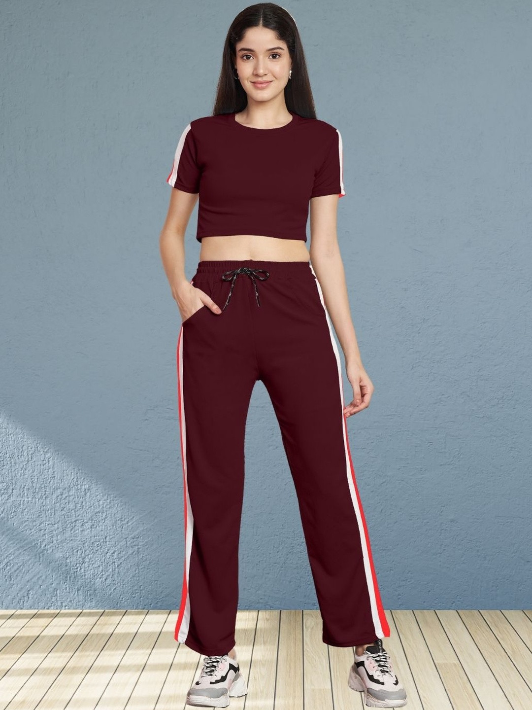 Moda Rapido Women Maroon Cotton Lycra Blend Solid Tracksuit