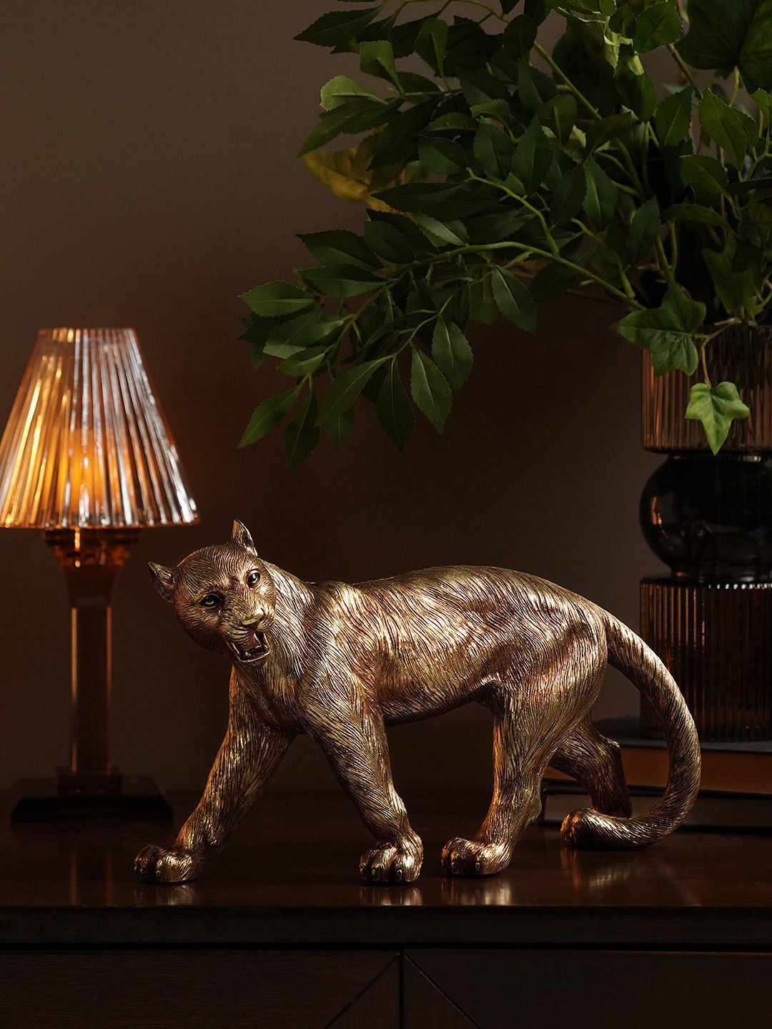 Pure Home and Living Gold-Toned & Brown Roaring Leopard Figurine Showpiece