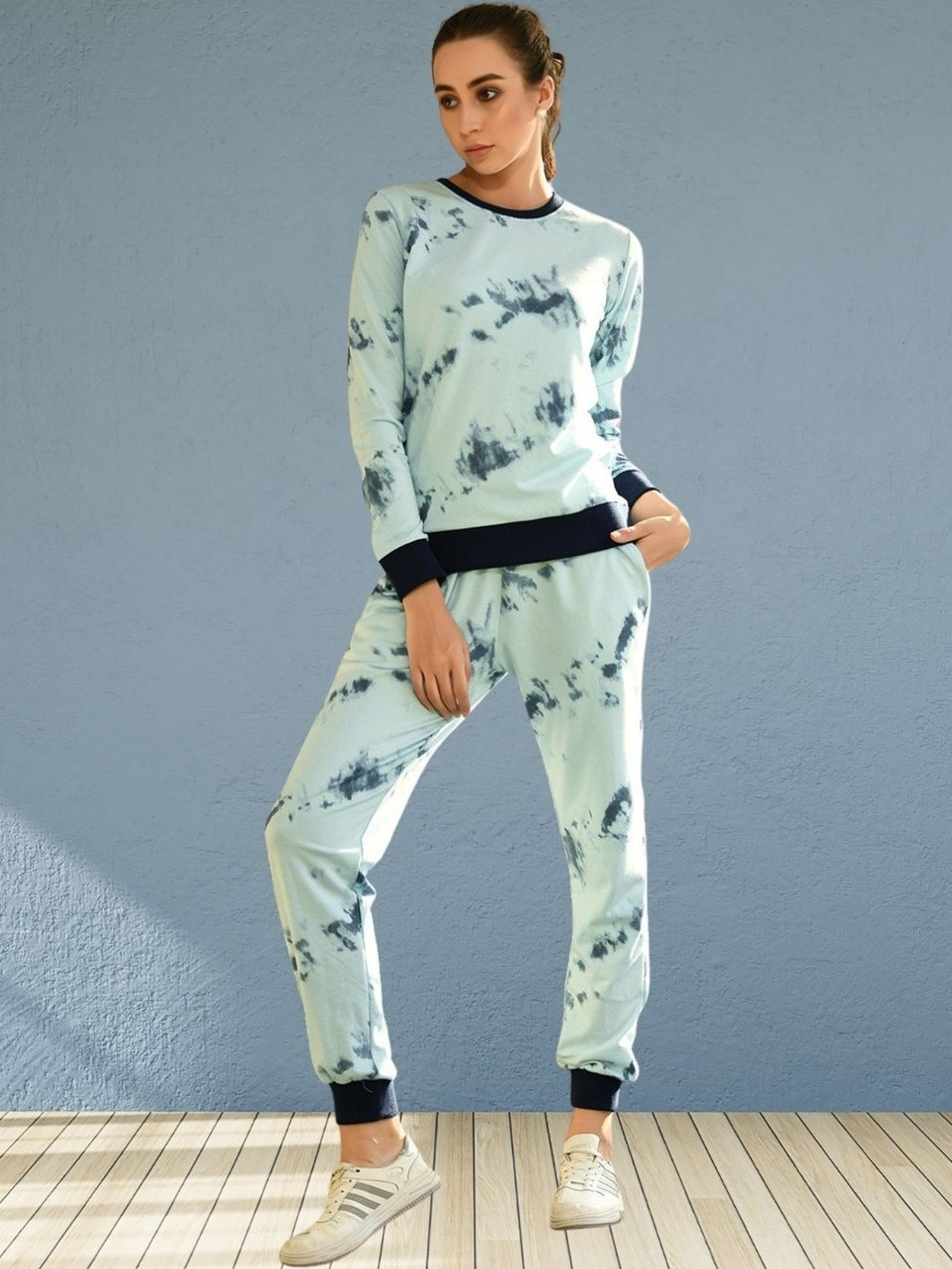Moda Rapido Women Light Blue Cotton Lycra Blend Styled With Tie Die Print Tracksuit