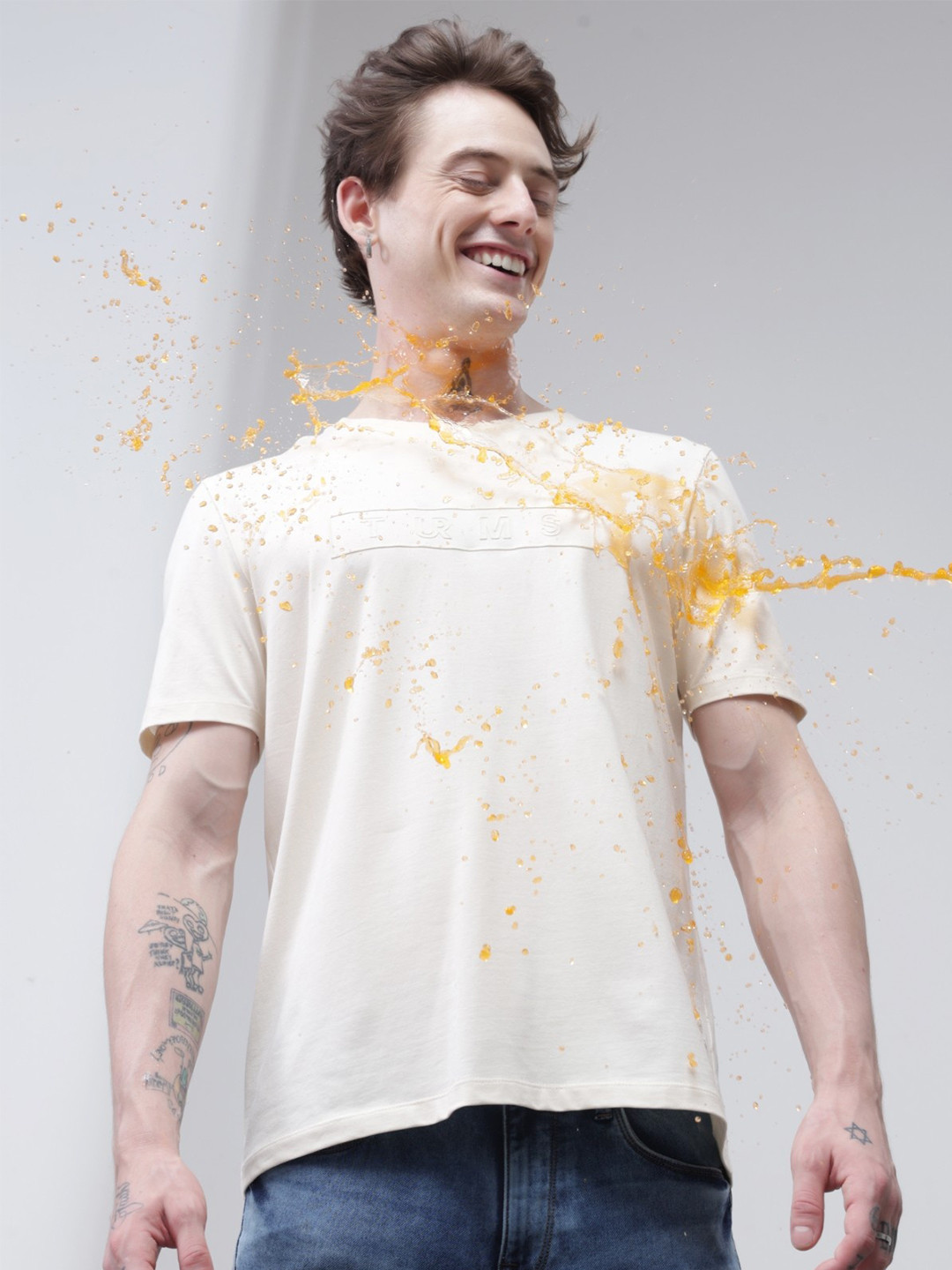 TURMS Men Solid Crew Neck Half Sleeves Stain And Water Repellent Cotton Tshirt