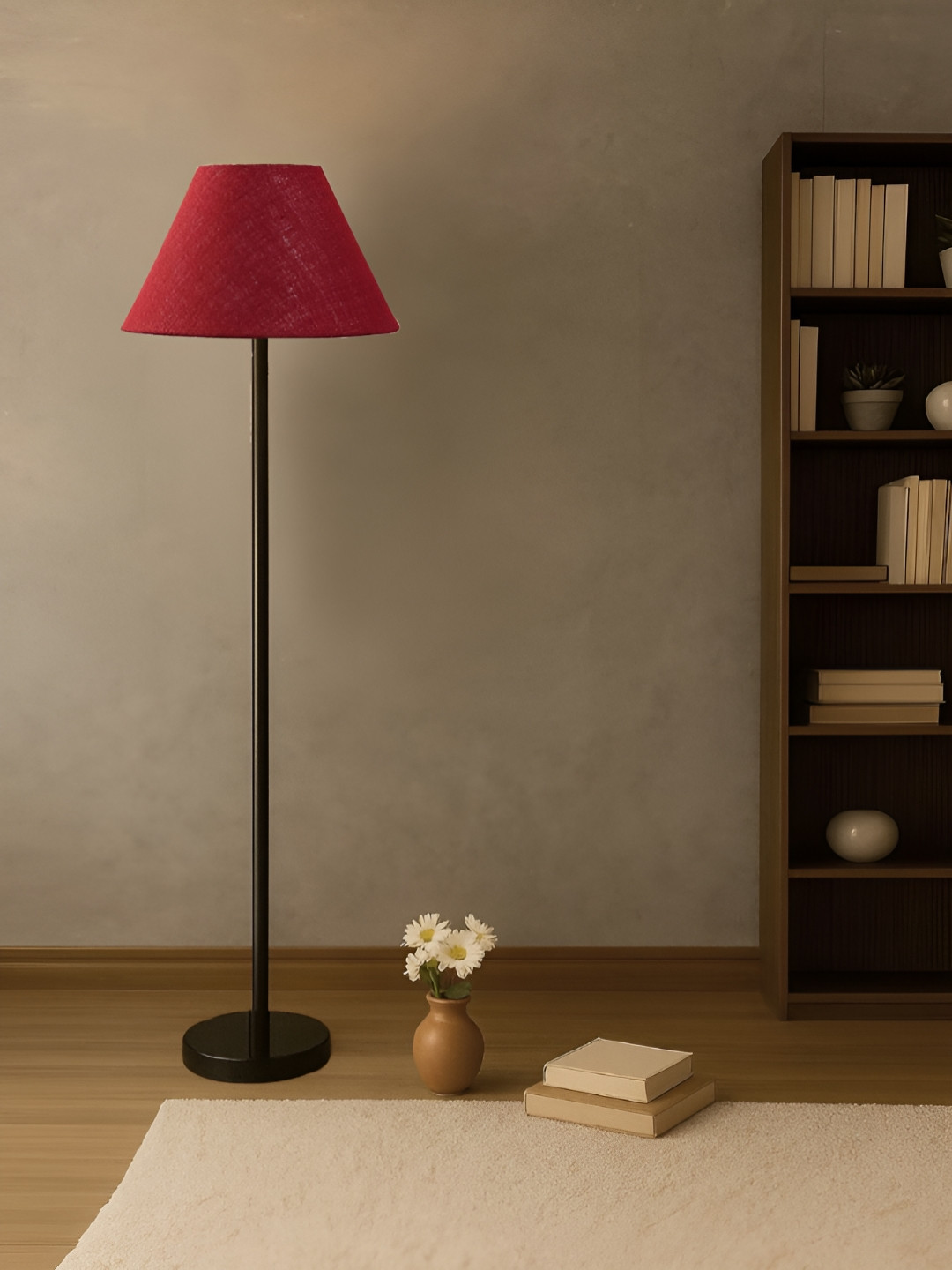 Devansh Maroon & Black Frustum Drum Shade With Iron Floor Lamp