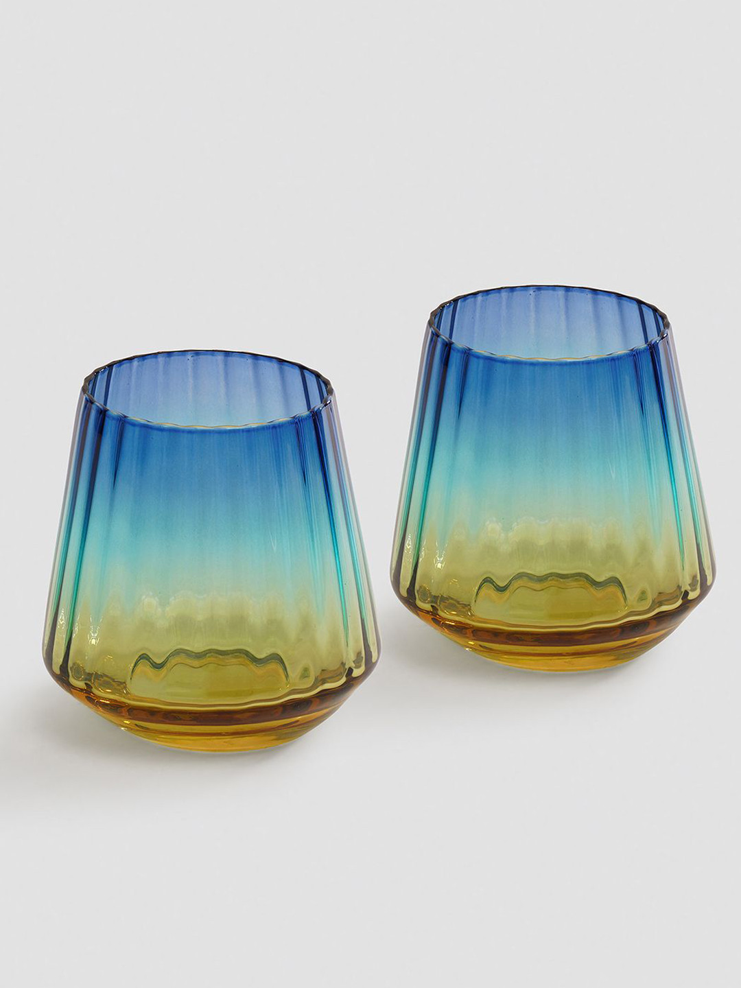 Pure Home and Living  Blue & Green 2 Pieces Three Tone Ribbed Drinking Glasses 320ml