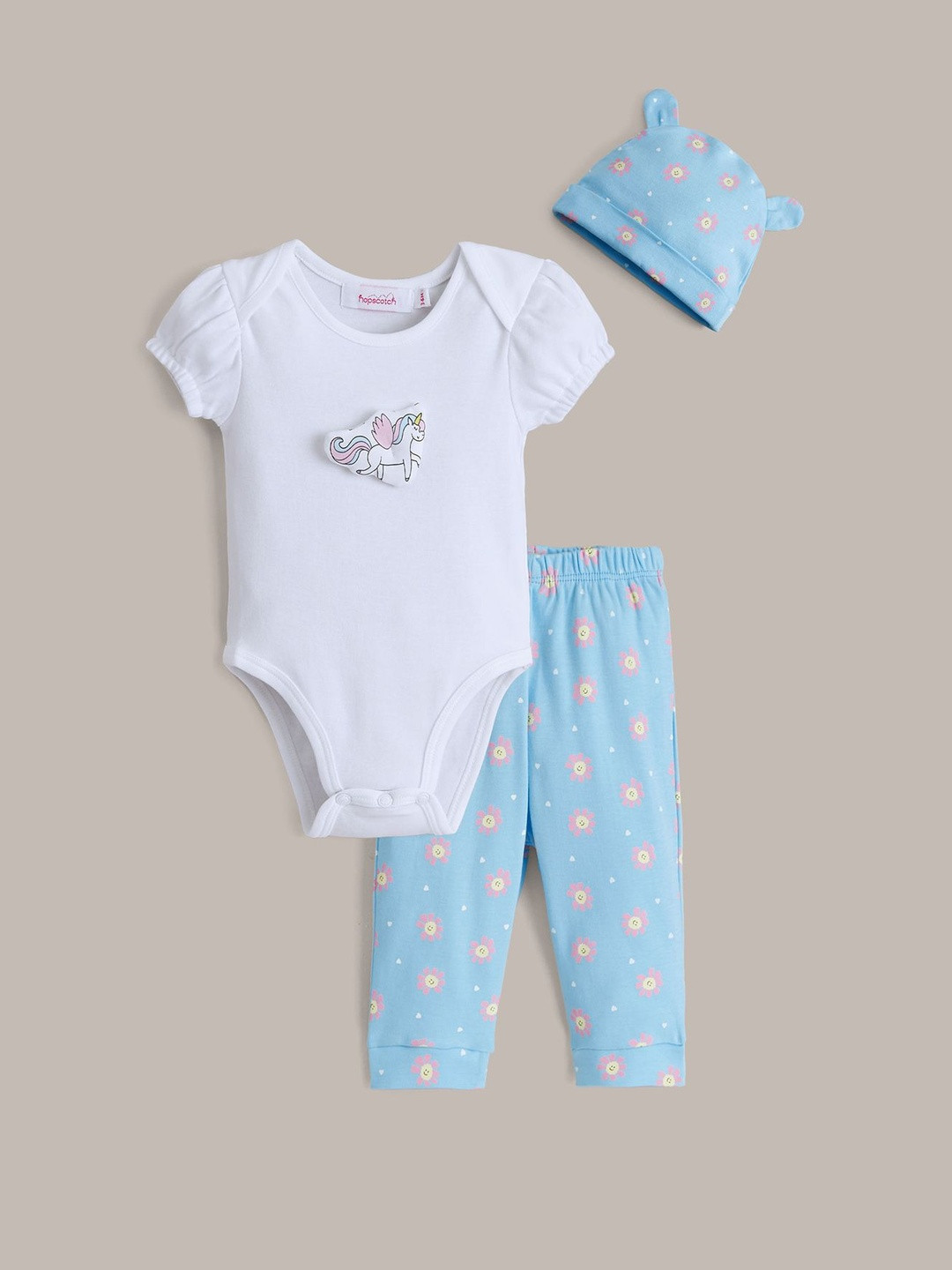 Hopscotch Girls Printed Bodysuit with Pyjamas With Cap Set