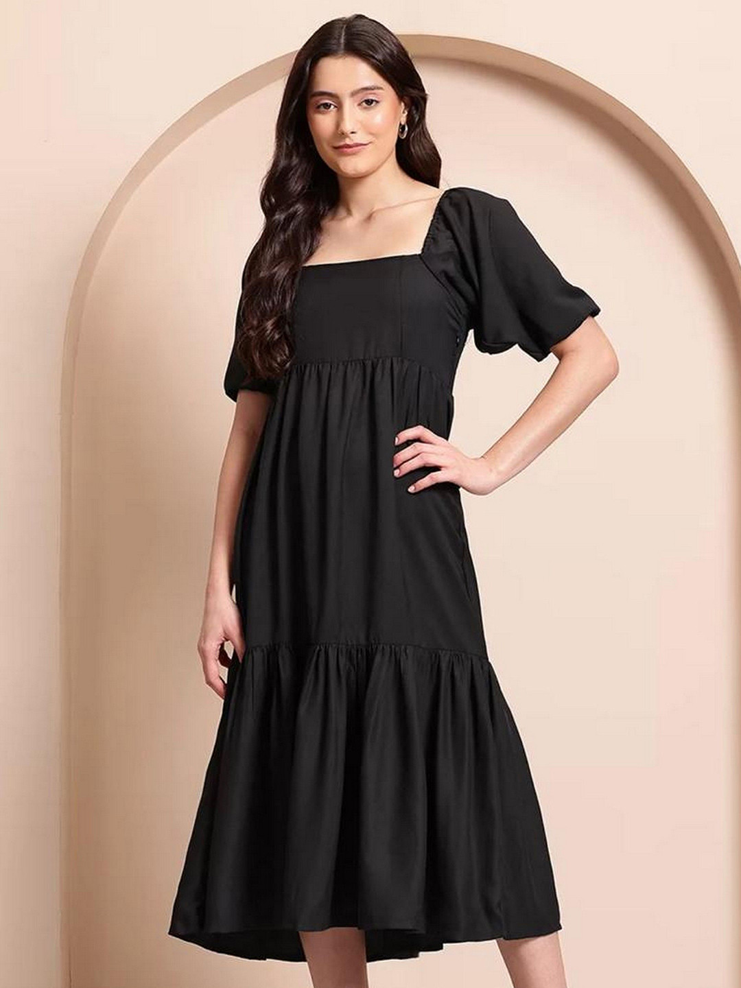 MASAMI Women Puff Sleeve Tired A-Line Midi Dress