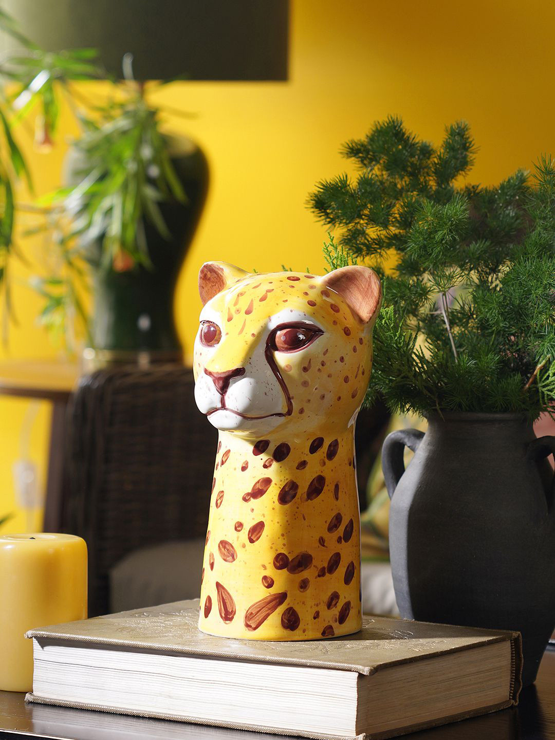 Pure Home and Living Yellow & Brown Cheetah Head Ceramic Small Vase