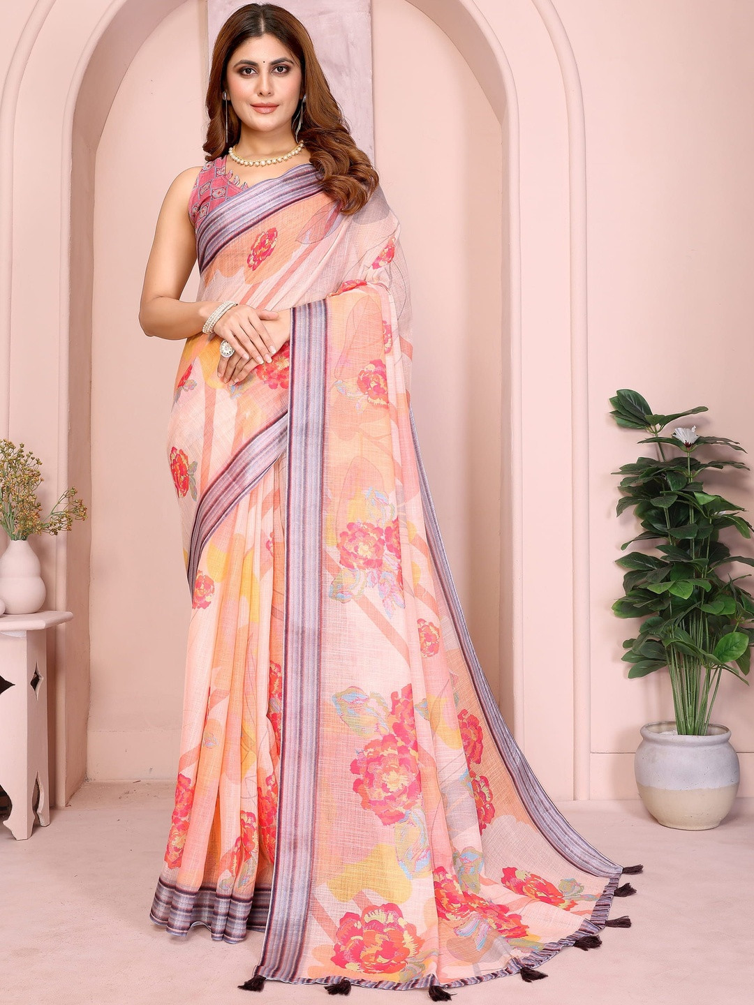 KALINI Pink Printed Linen Blend Bhagalpuri Sarees