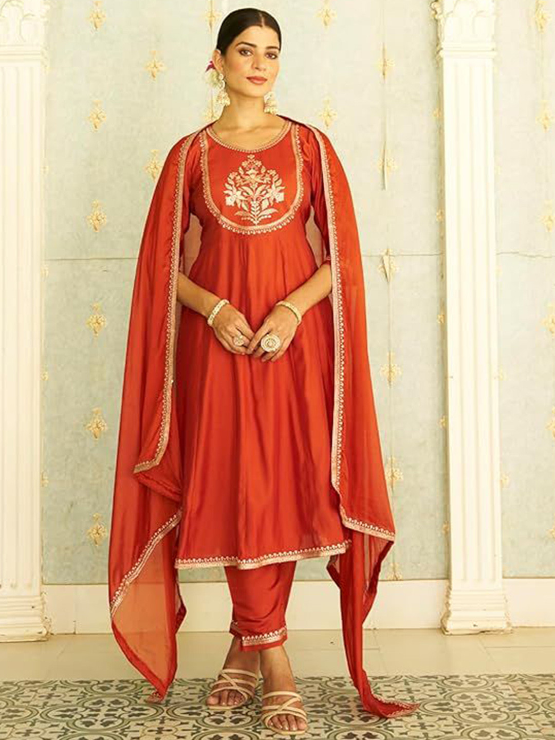 VredeVogel Women Peach Embroidered Regular Kurta Set With Trousers & Dupatta
