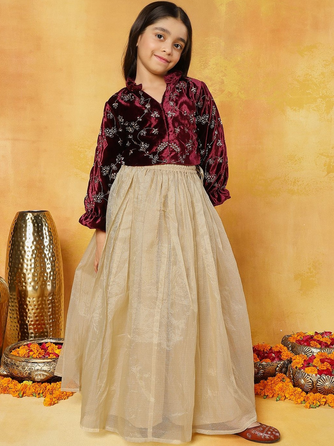 Sangria Girls Maroon Velvet Embroidered Long Sleeves Mandarin Collar Lehenga Choli