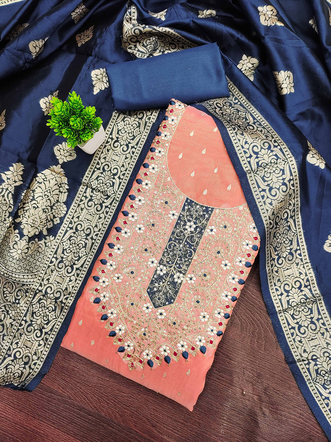 MANVAA Floral Woven Design Sequnnied Silk Chiffon Unstitched Dress Material