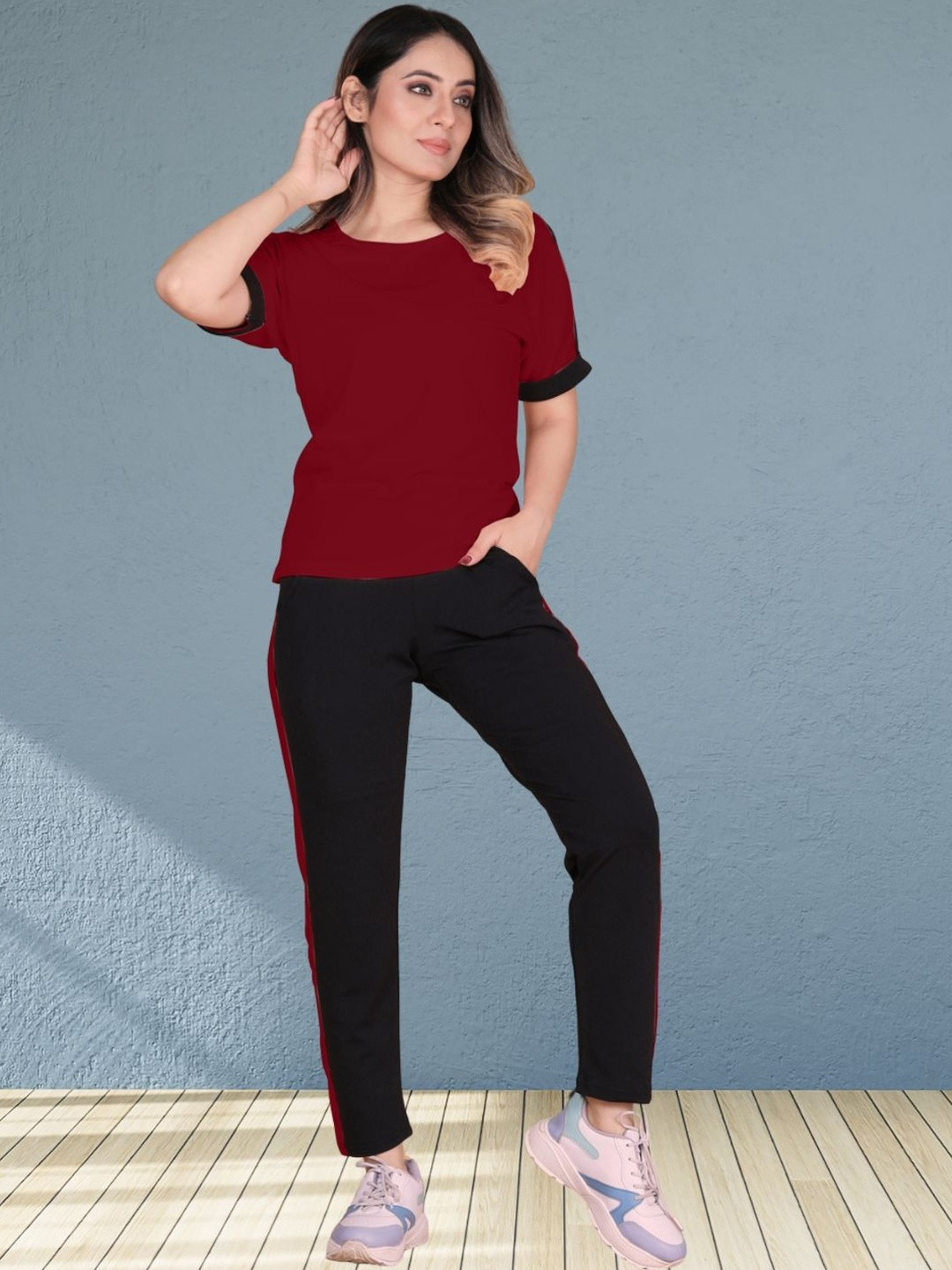 Moda Rapido Maroon Cotton Lycra Blend Black Color Shoulder Stripes Tracksuit