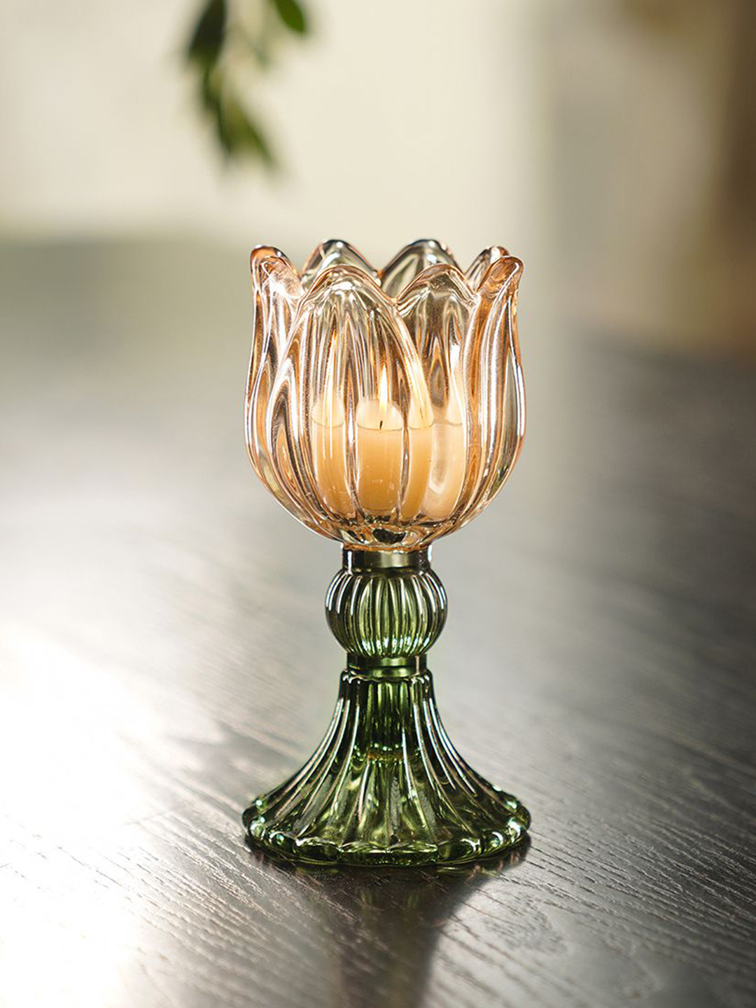 Pure Home and Living Green & Yellow 2 Pieces Tulip Shaped Glass Tealight Candle Holders