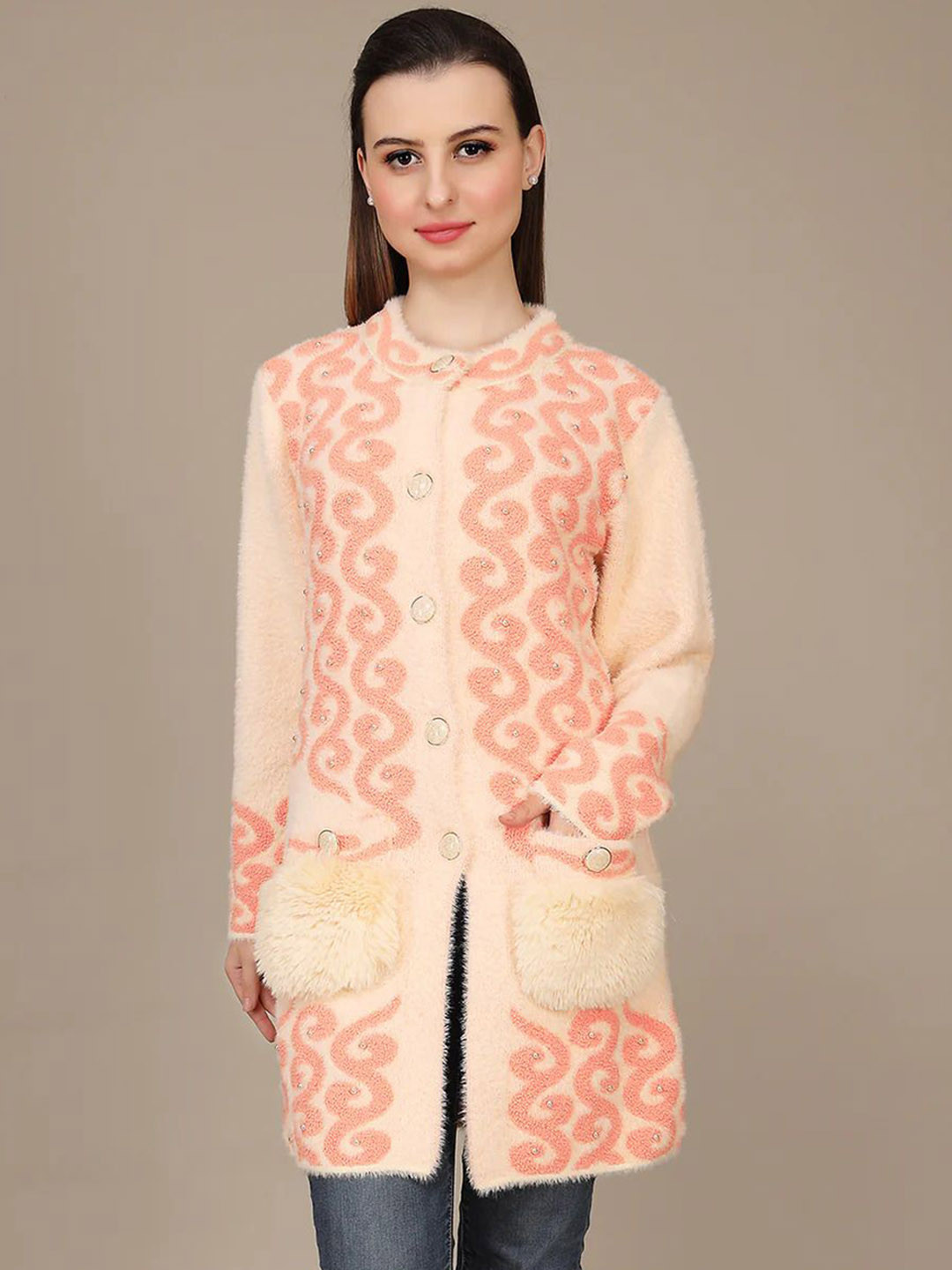 TEACHER Self Design Mock Neck Single-Breasted Winter Coats