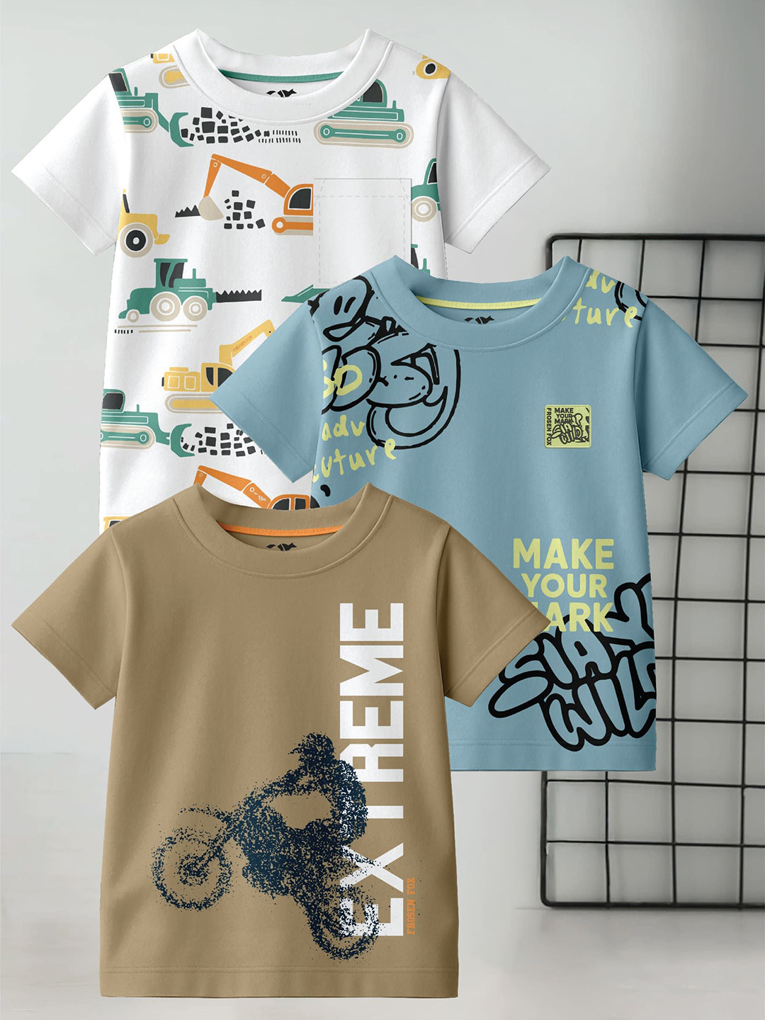 FROSEN FOX Boys Pack of 3 Graphic Printed Round Neck Pure Cotton T-shirts