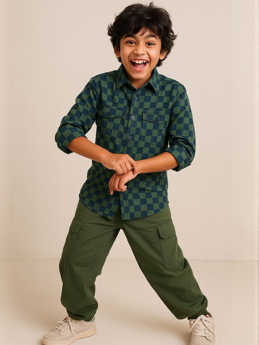 TALES & STORIES Boys Green Checked Cotton  Casual Shirts