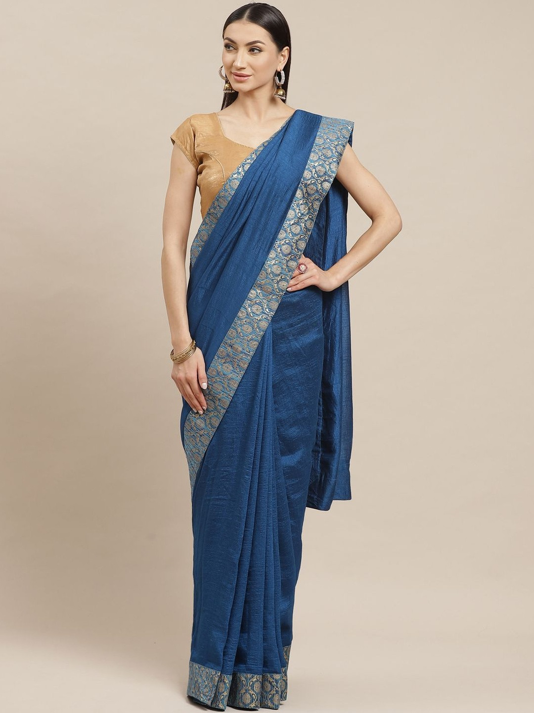 KALINI Blue Solid Silk Blend  Sarees