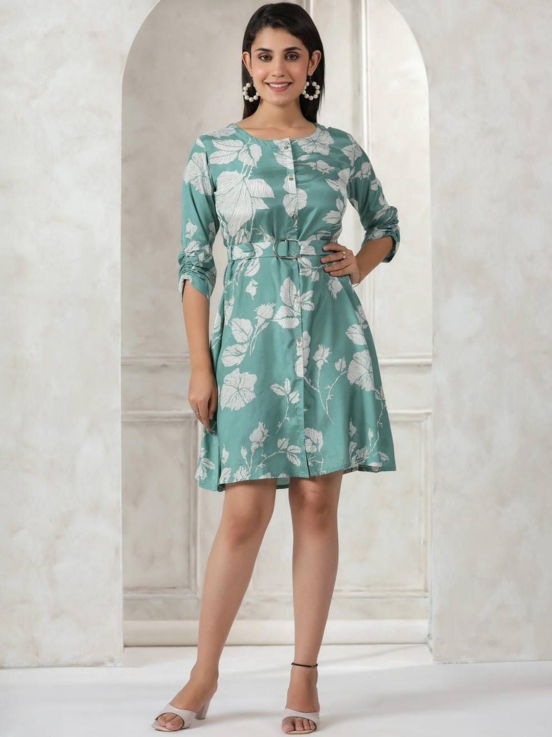 KALINI Women Green Printed Silk Fit and Flare Dresses