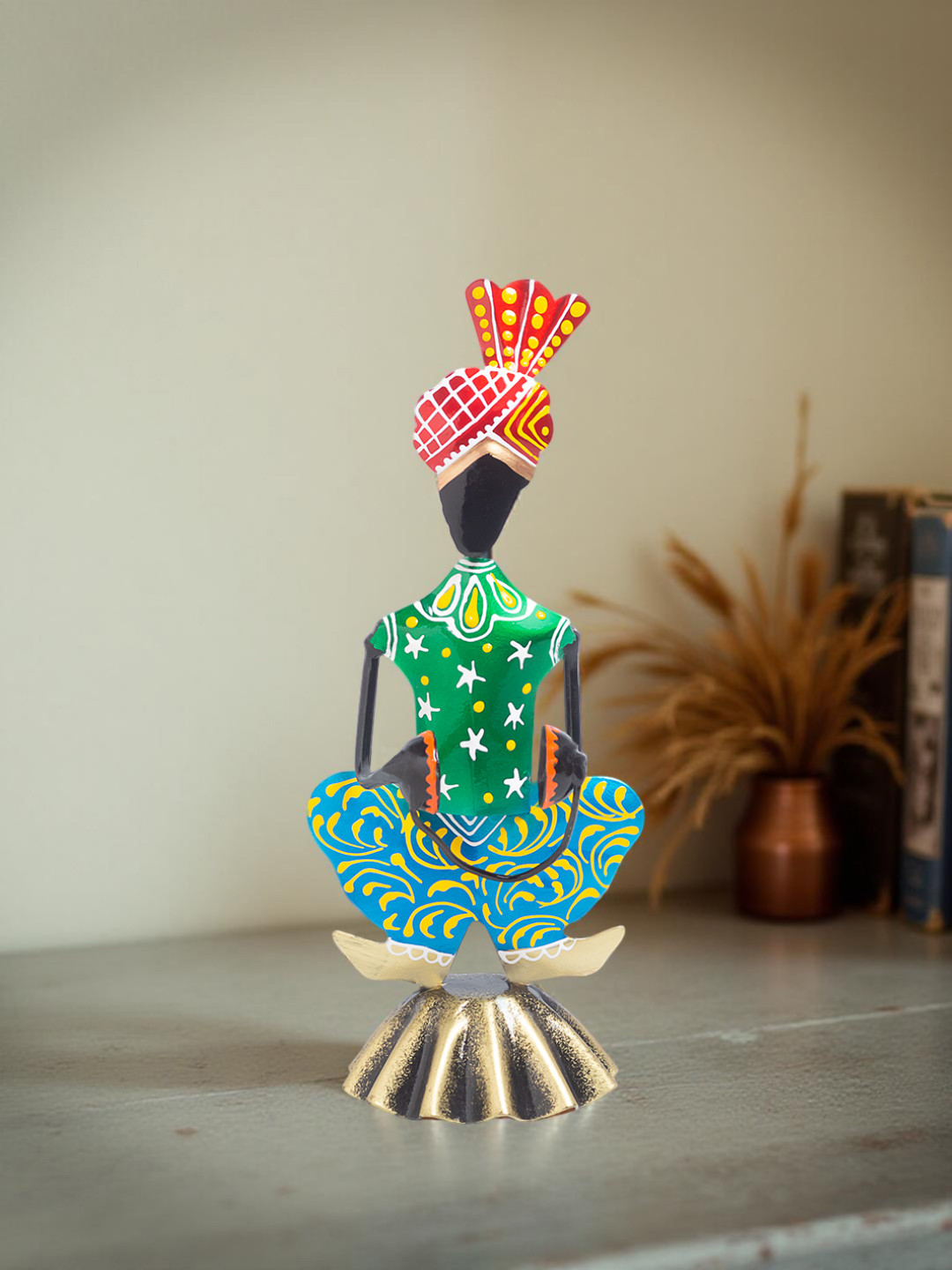 Golden Peacock Tribal Green Metal Metallic Living Room Hand-Painted Medium Showpiece - 8.3 Inches