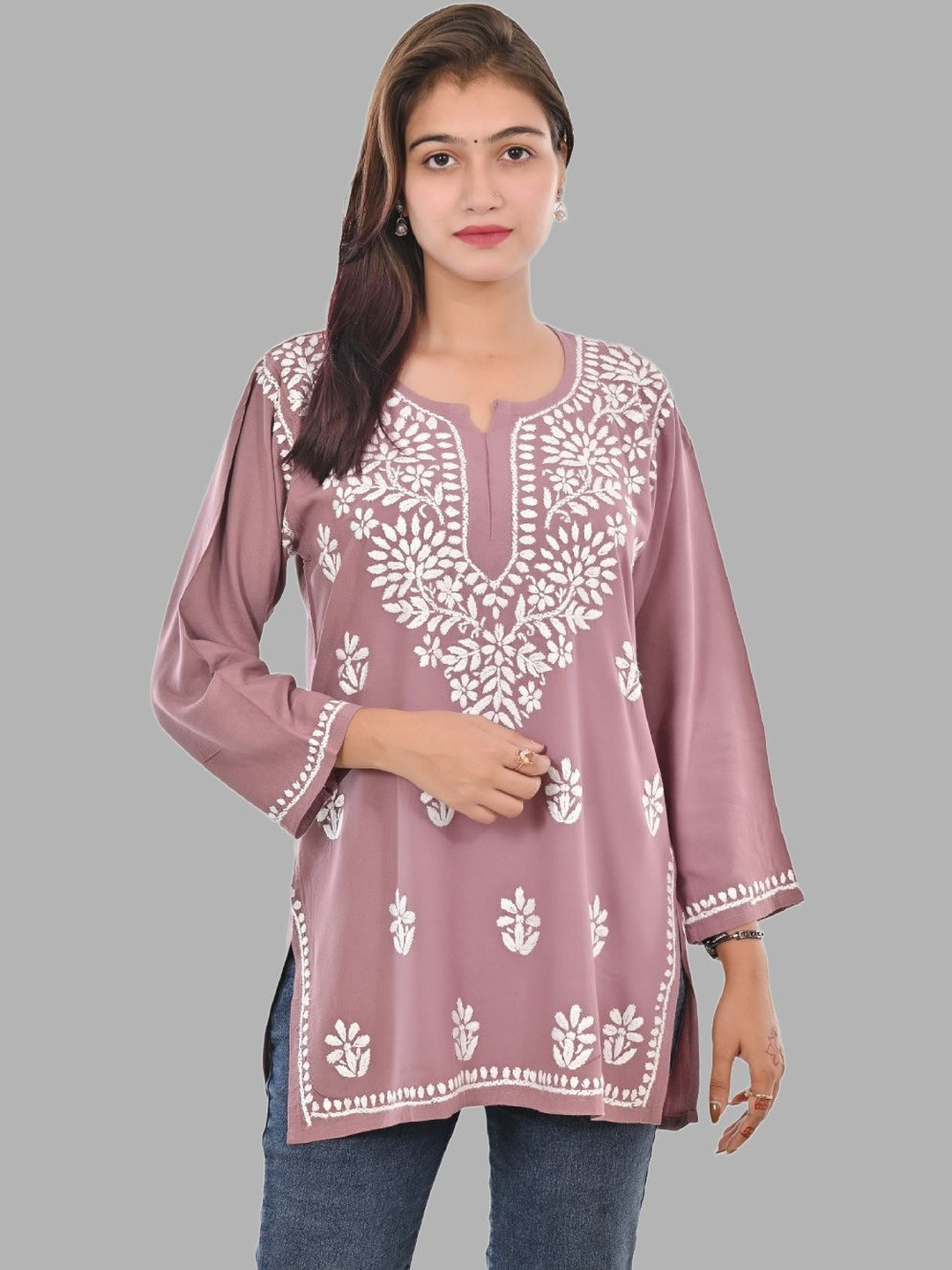 MALABIS Women Mauve Rayon Short Chikankari Top