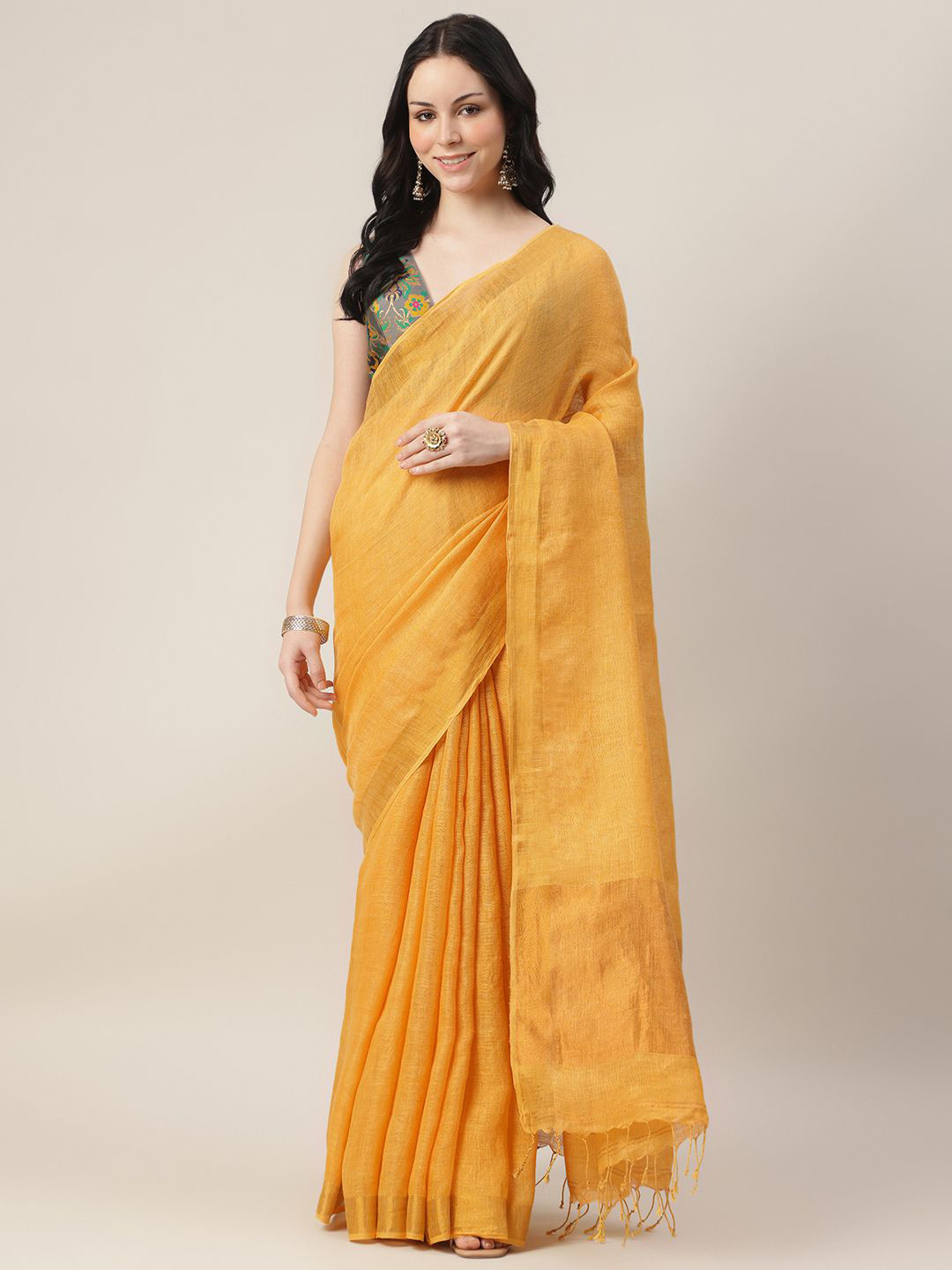 SAREESHADOW Tissue Linen Handwoven Saree With Unstitched Blouse Piece