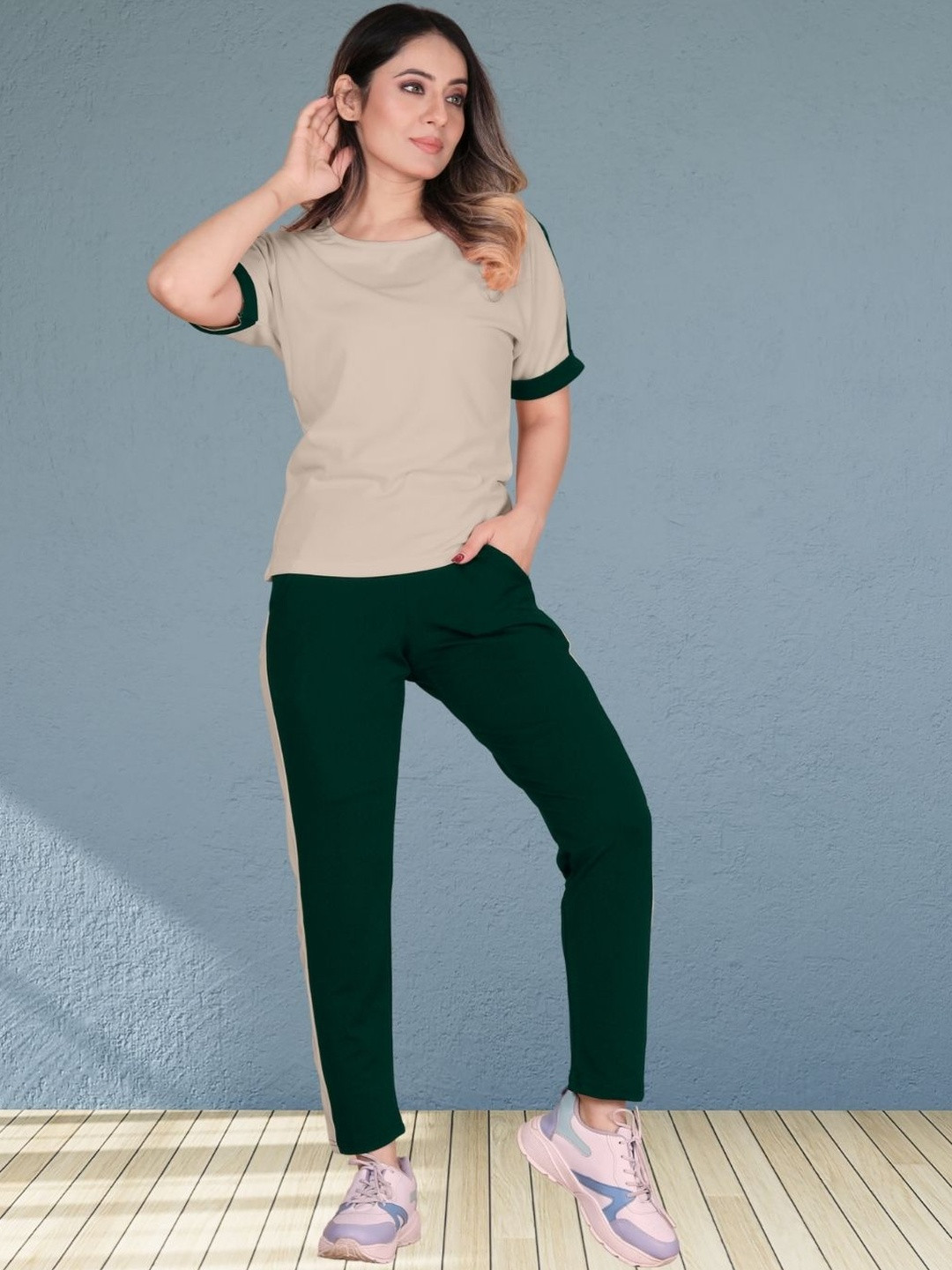 Moda Rapido Women Beige Cotton Lycra Blend Black Color Shoulder Stripes Tracksuit