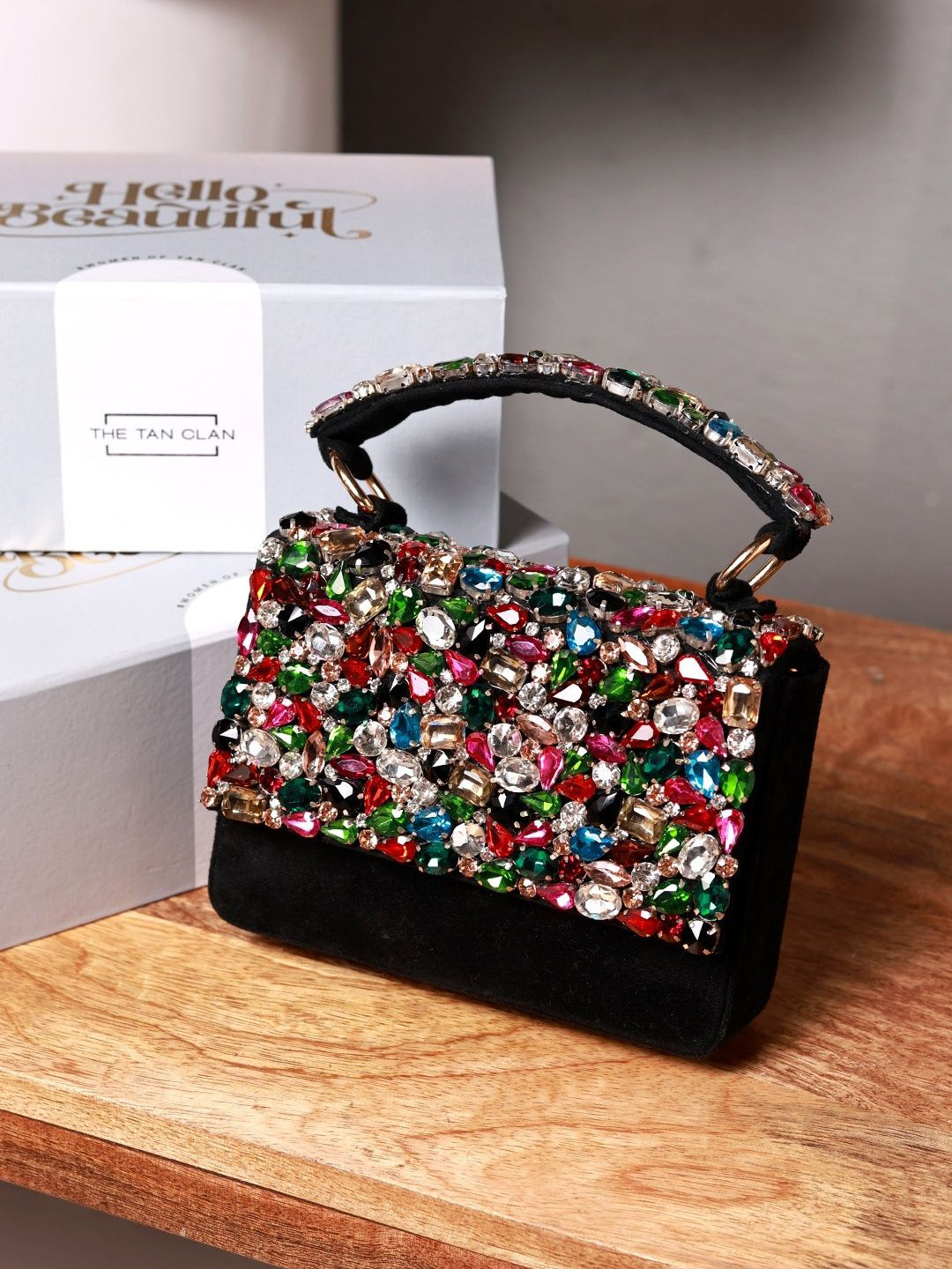 THE TAN CLAN Kylie Embellished Suede Foldover Clutch