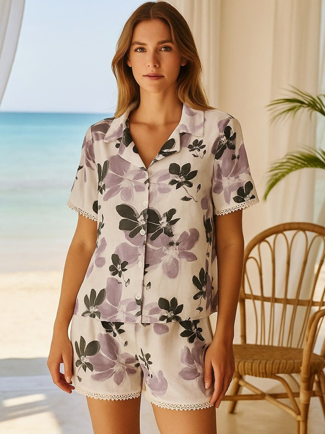 Bitterlime Women Floral Printed Button Down Shirt & Shorts Night Suits
