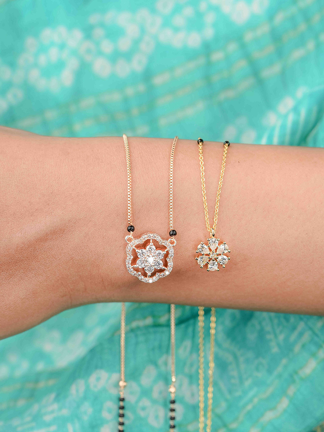 Zeraki Jewels Tanvi & Solitaire Diamond Flower 2 Gold-Plated Studded & Beaded Mangalsutras